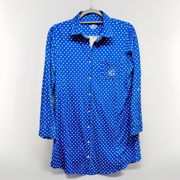 Ralph Lauren Pajama Women's L Cotton Polka Dot Blue Sleep Shirt button up - Picture 1 of 8